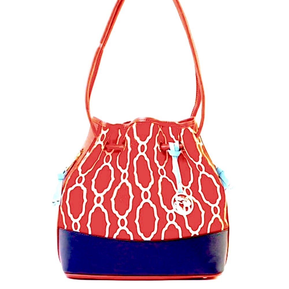Spartina 449 Sallie Ann Orange Cream Navy leather linen Bucket Bag purse VGUC